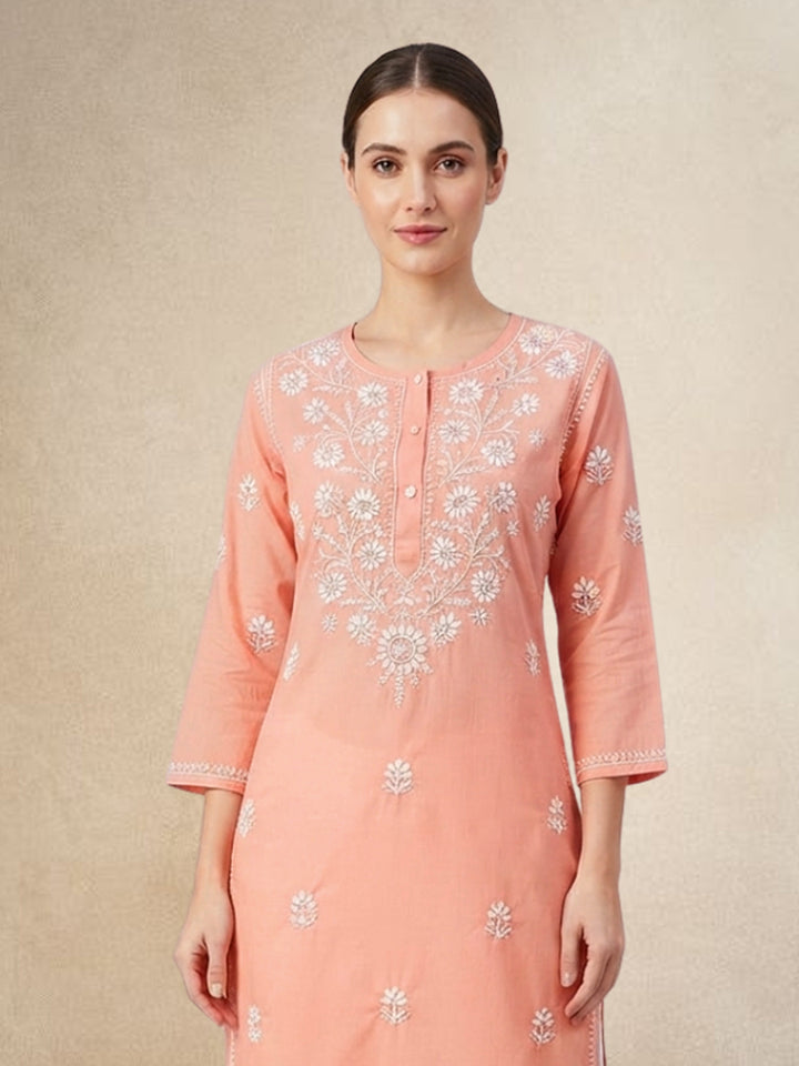 Hand Embroidered Chikankari Straight Floral Cotton Kurta-NTV115 Peachpuff