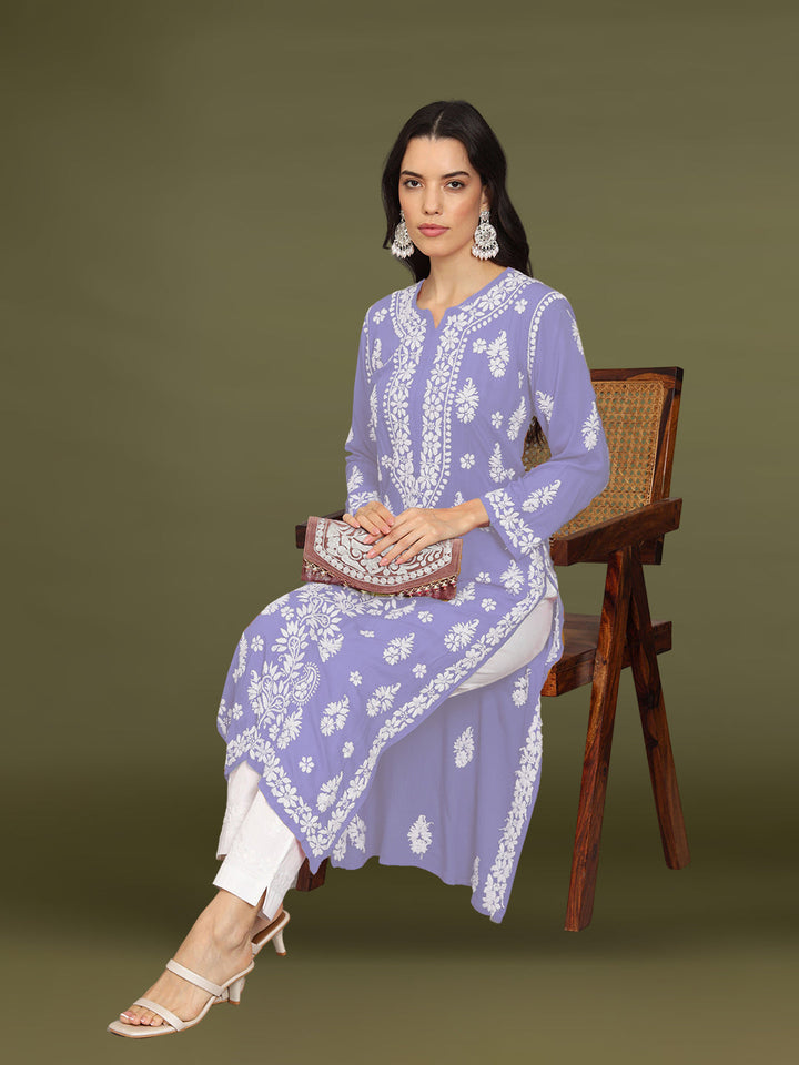 Hand Embroidered Chikankari Modal Straight Kurta- PC4042 Lavender
