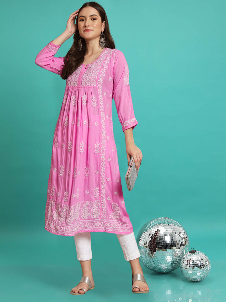 Hand Embroidered Chikankari Modal A-Line Kurta - PC3549