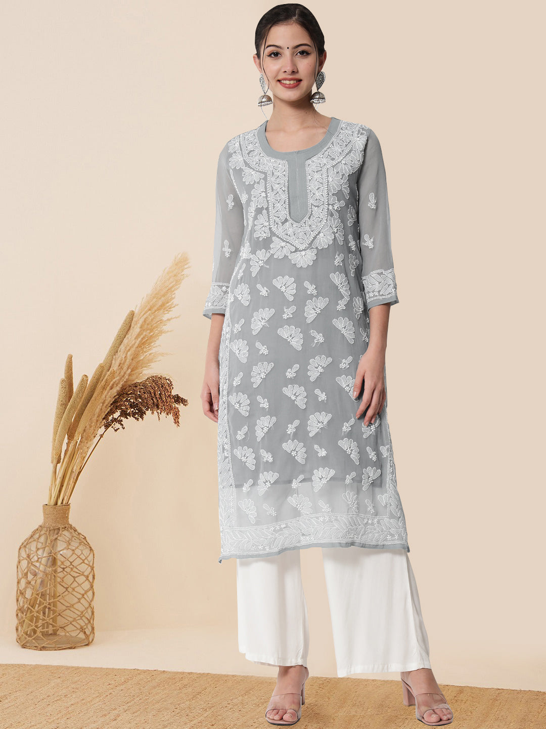 Women Hand Embroidered Chikankari Georgette Straight Kurta With Matching Slip- PC3545