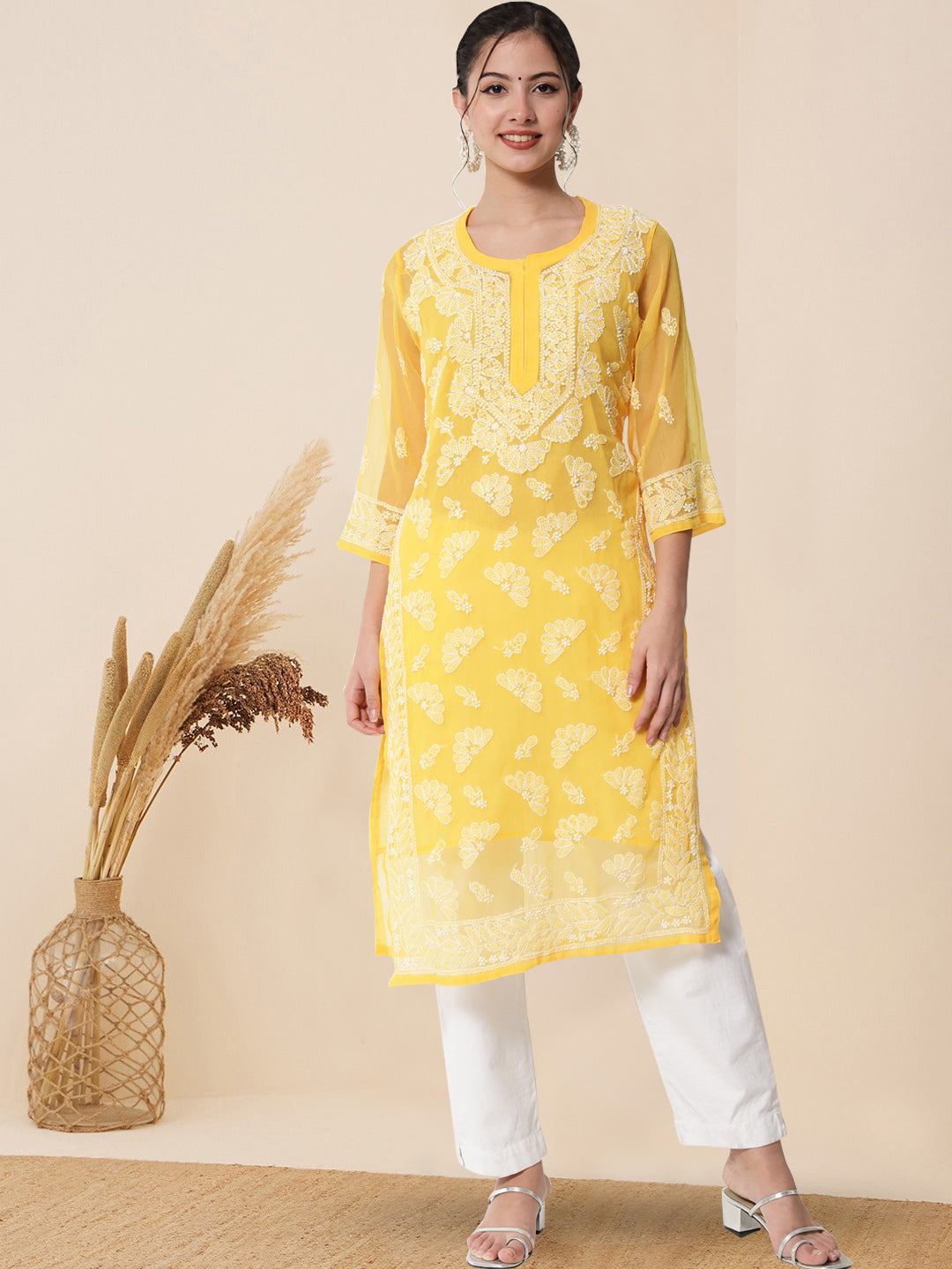 Women Hand Embroidered Chikankari Georgette Straight Kurta With Matching Slip- PC3545