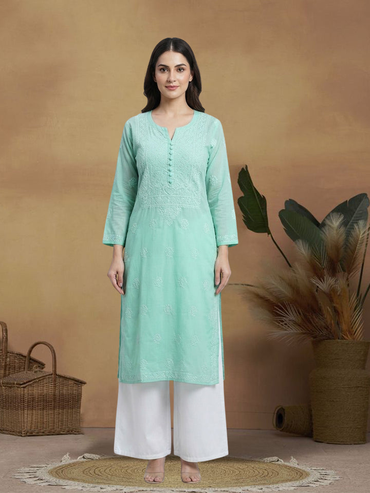 Hand Embroidered Chikankari Cotton Straight Kurta- PC3579 Seagreen