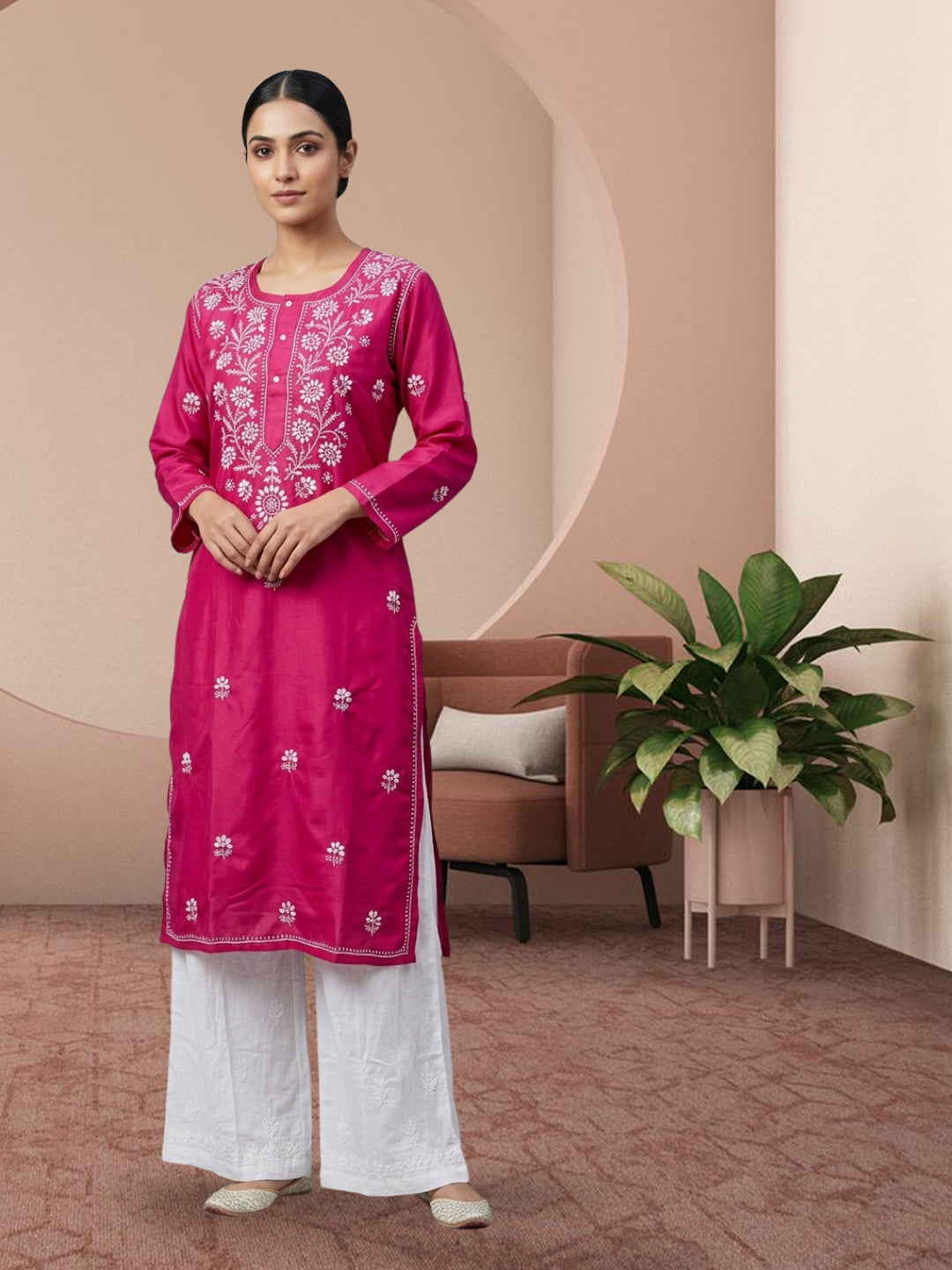 Hand Embroidered Chikankari Straight Floral Cotton Kurta-NTV115 Hotpink