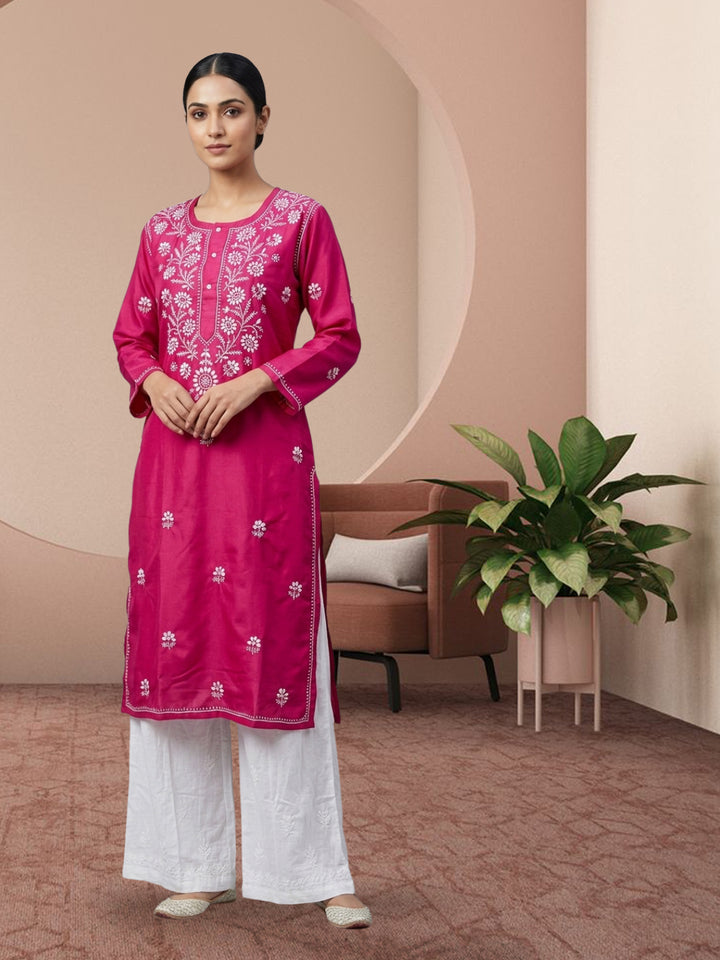 Hand Embroidered Chikankari Straight Floral Cotton Kurta-NTV115 Hotpink