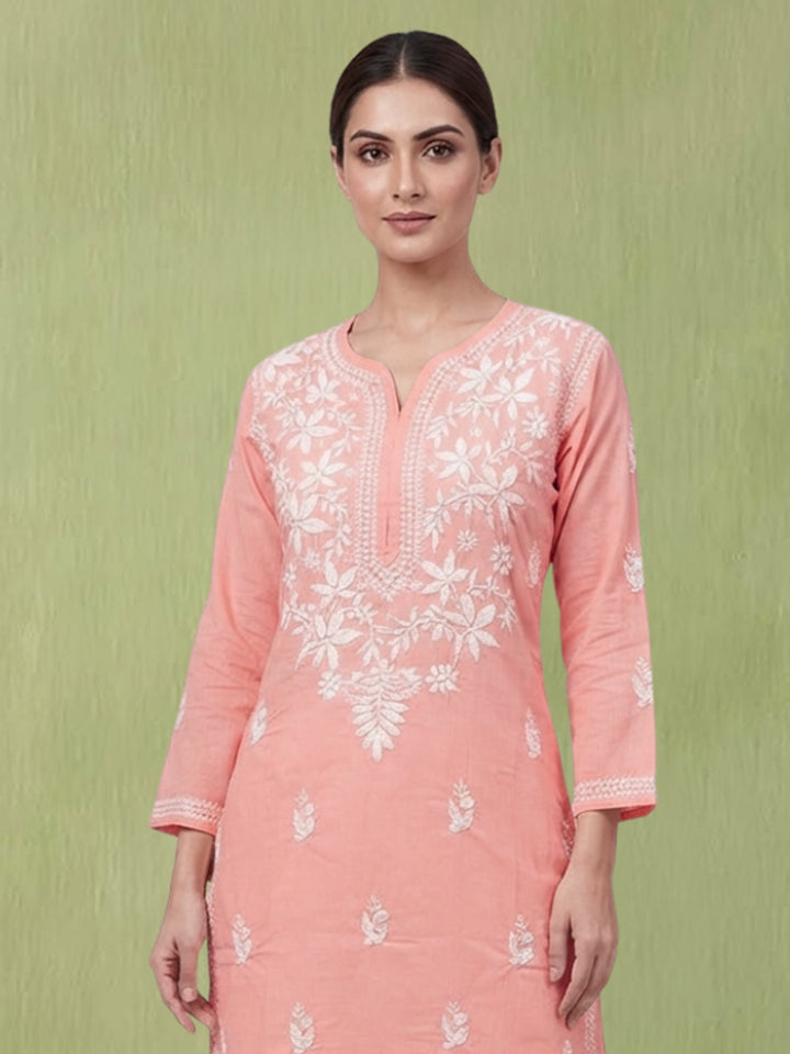 Hand Embroidered Chikankari Cotton Straight Kurta- PC3372 Peachpuff