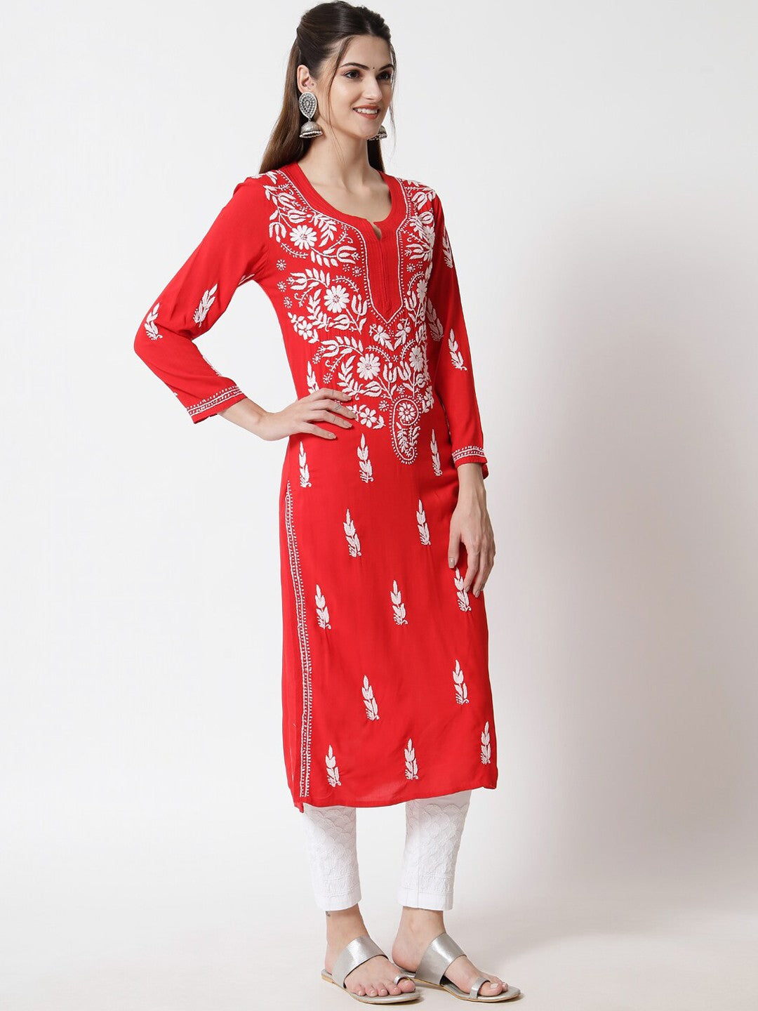 Hand Embroidered White Chikankari Rayon straight Kurta-PC3451