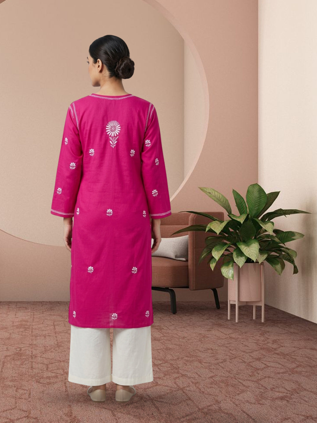Hand Embroidered Chikankari Straight Floral Cotton Kurta-NTV115 Hotpink