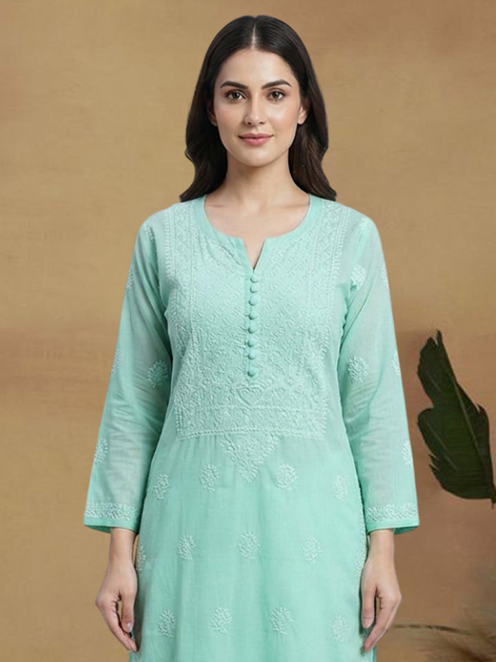 Hand Embroidered Chikankari Cotton Straight Kurta- PC3579 Seagreen