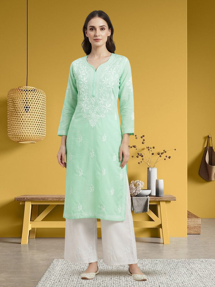 Hand Embroidered Chikankari Cotton Straight Kurta-PC3372 Lightgreen