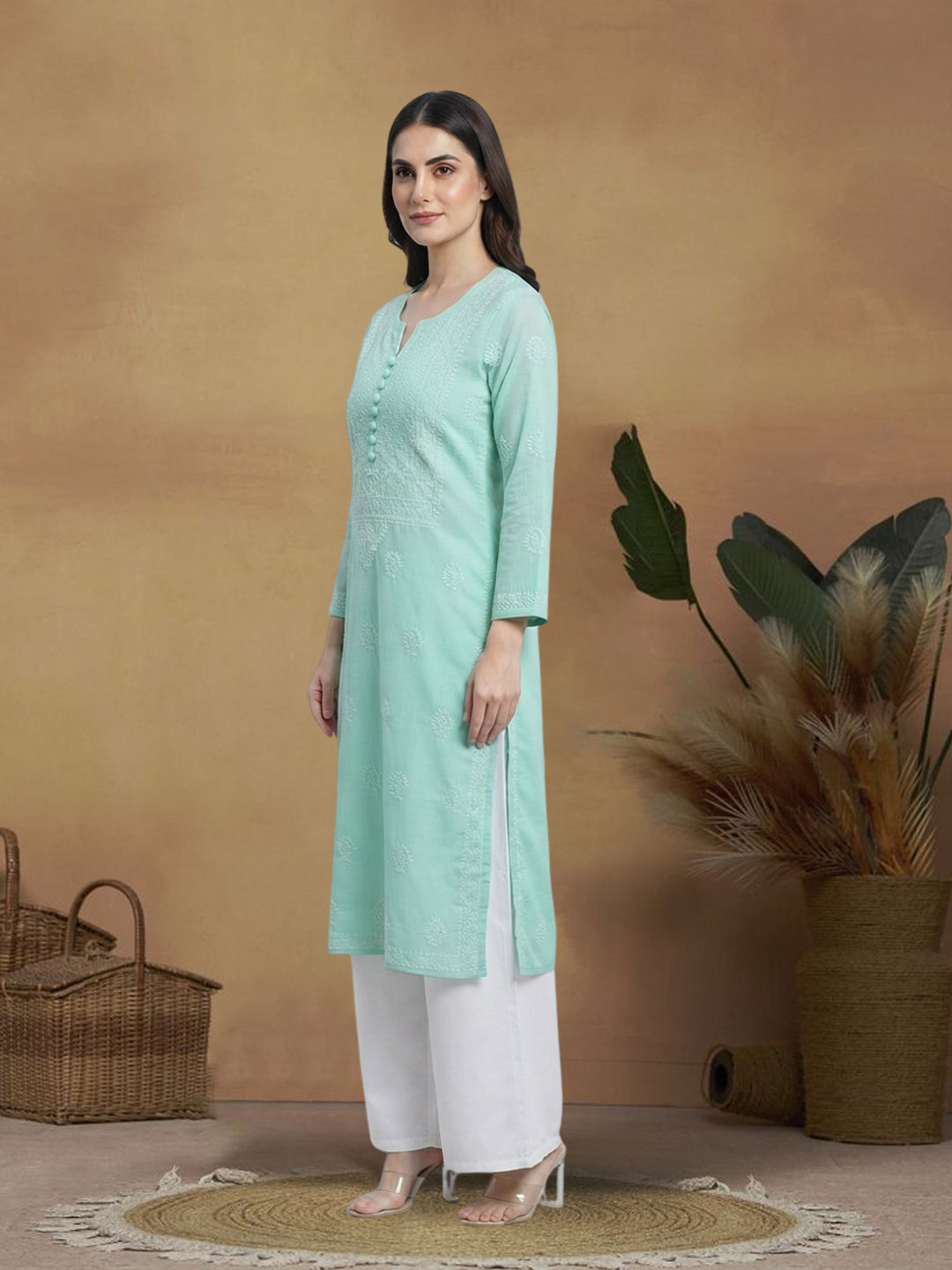 Hand Embroidered Chikankari Cotton Straight Kurta- PC3579 Seagreen