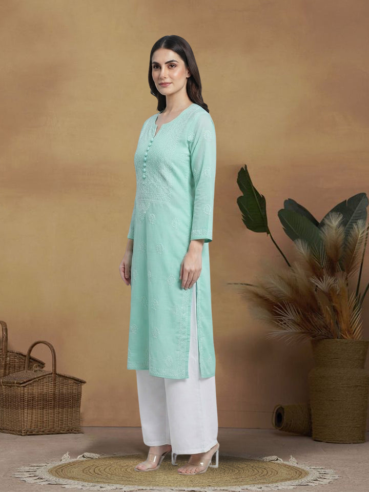 Hand Embroidered Chikankari Cotton Straight Kurta- PC3579 Seagreen