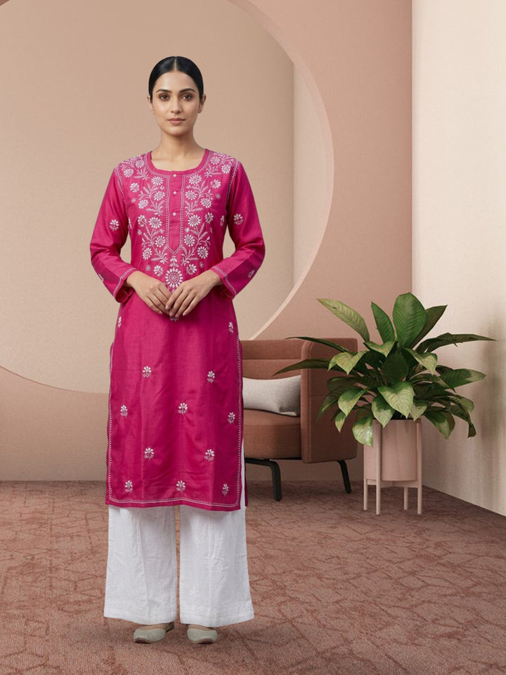 Hand Embroidered Chikankari Straight Floral Cotton Kurta-NTV115 Hotpink