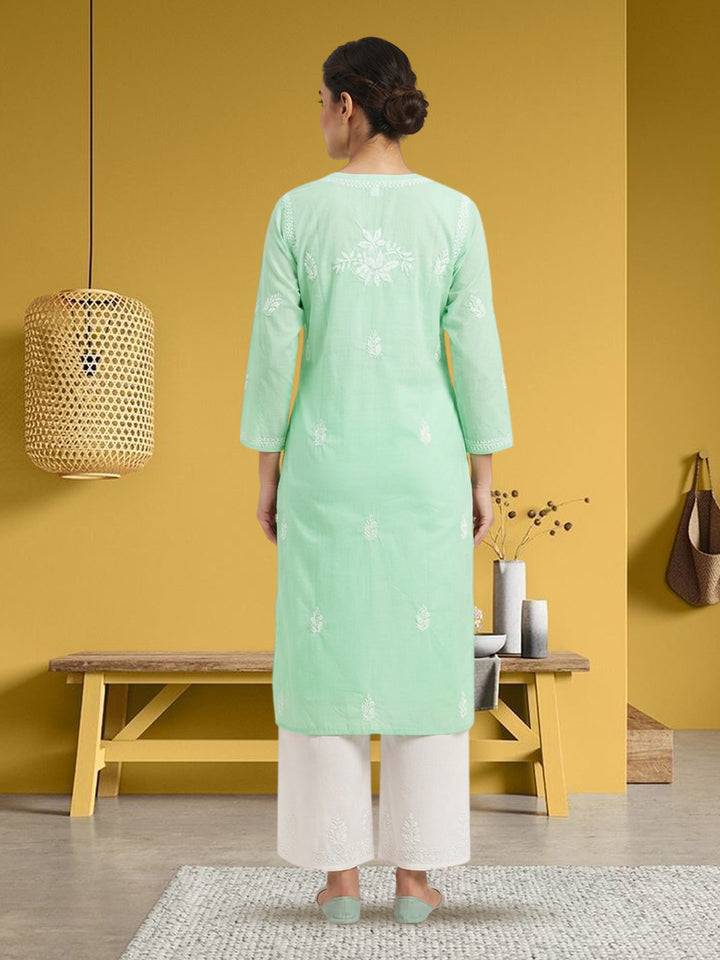 Hand Embroidered Chikankari Cotton Straight Kurta-PC3372 Lightgreen