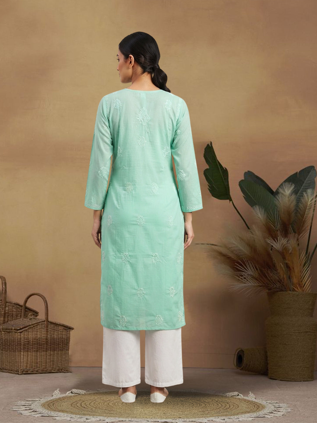 Hand Embroidered Chikankari Cotton Straight Kurta- PC3579 Seagreen