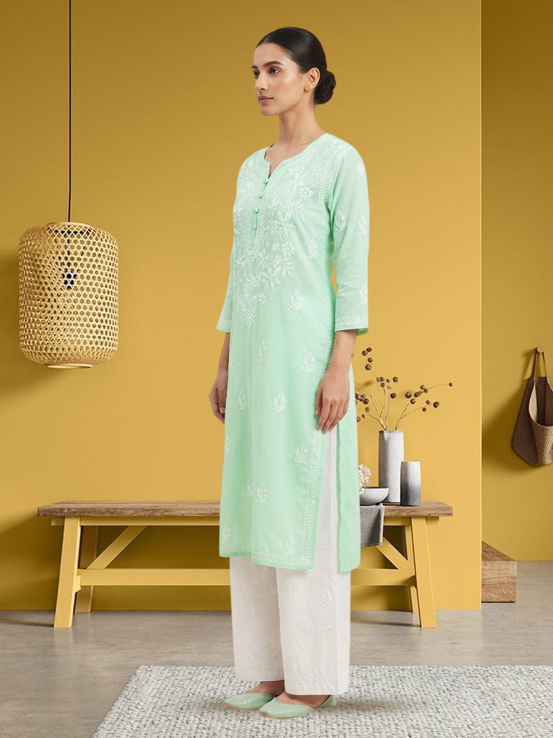 Hand Embroidered Chikankari Cotton Straight Kurta-PC3372 Lightgreen