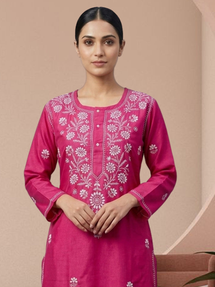 Hand Embroidered Chikankari Straight Floral Cotton Kurta-NTV115 Hotpink