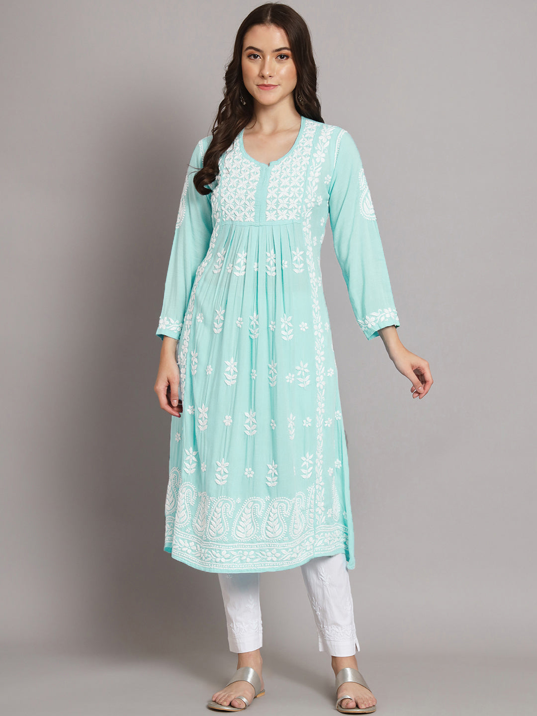 Hand Embroidered Chikankari Modal A-Line Kurta-PC3549 Seagreen