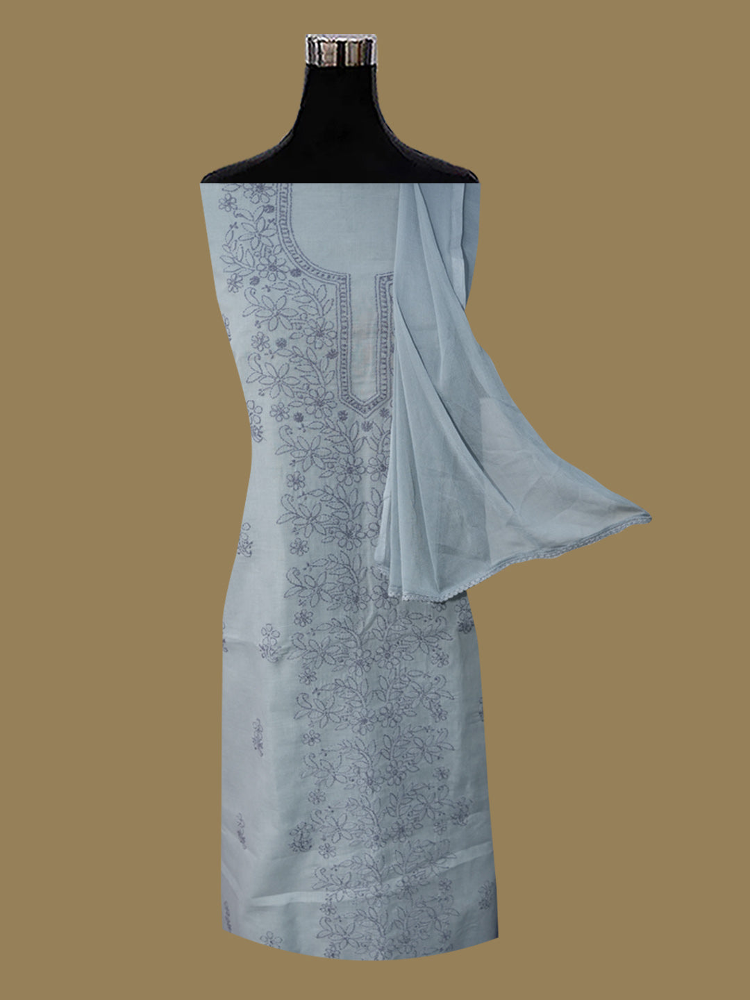 Women Hand Embroidered Cotton Chikankari Dress MaterialPCSCU00406FS-STEELGREY
