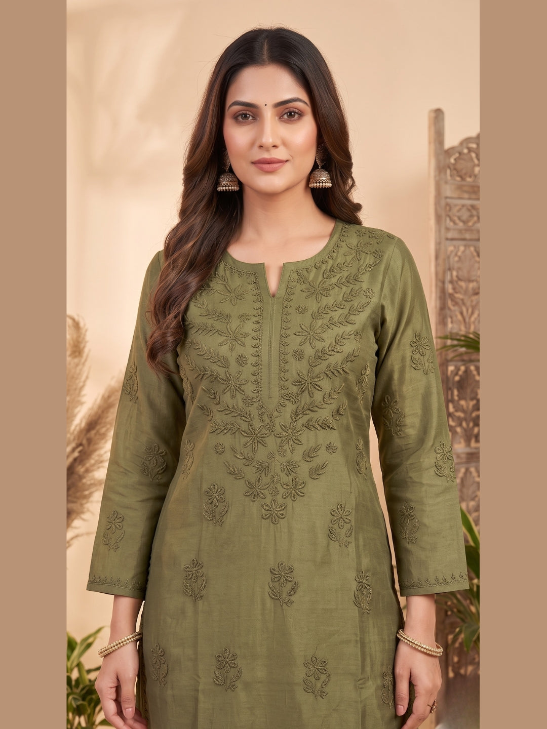 Women Hand Embroidered Chikankari Chanderi Kurta Set PC4119KS