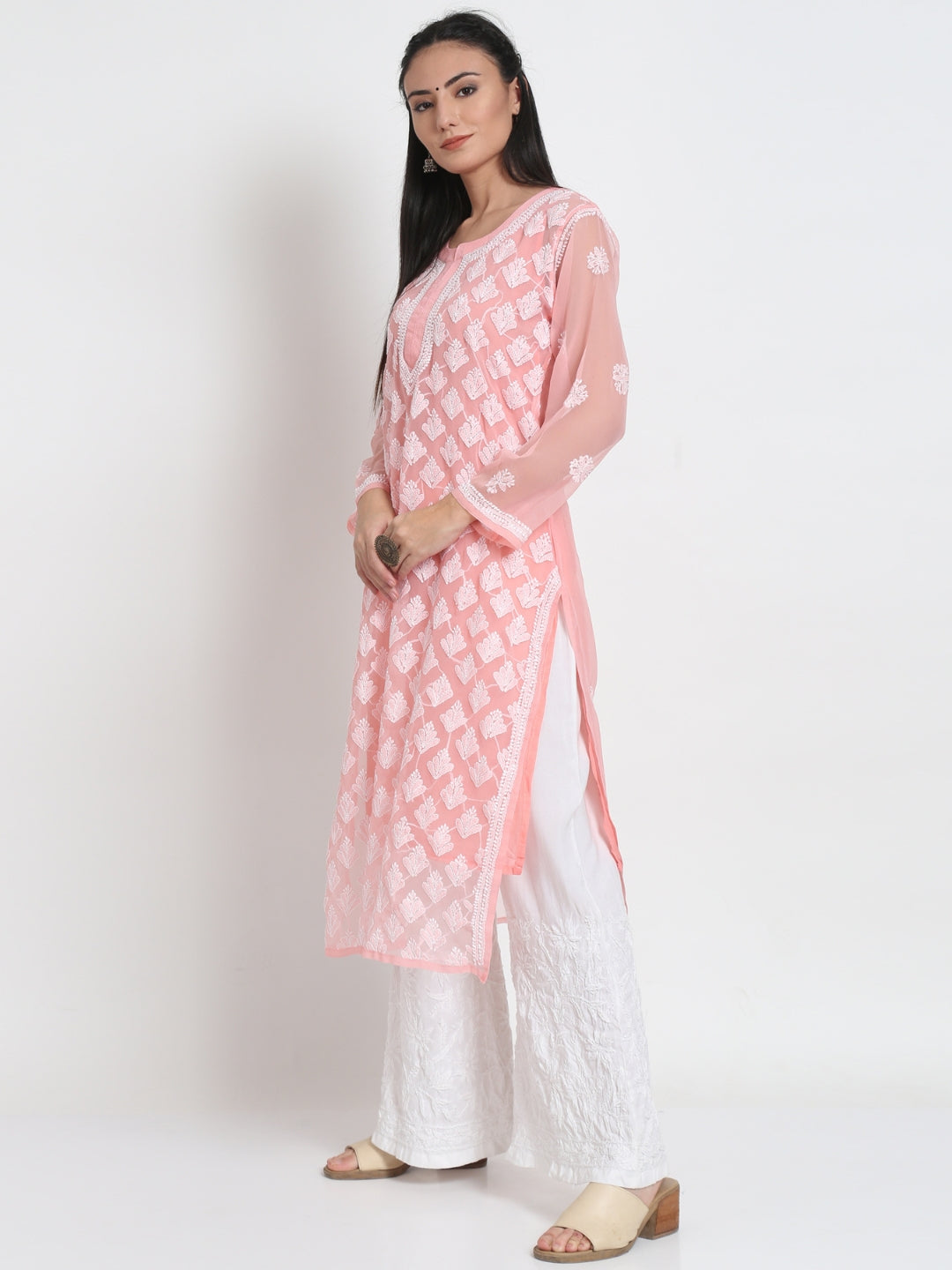 Hand Embroidered Chikankari Georgette Straight Kurta With Matching Slip- PC3484