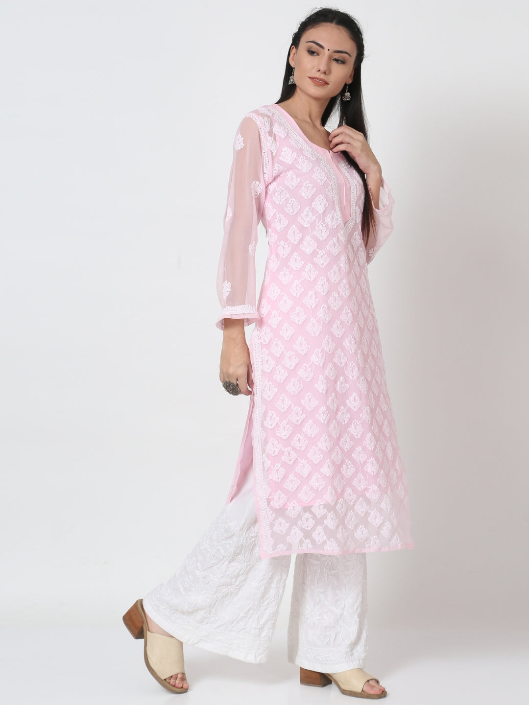 Hand Embroidered Chikankari Georgette Straight Kurta With Matching Slip- PC3484