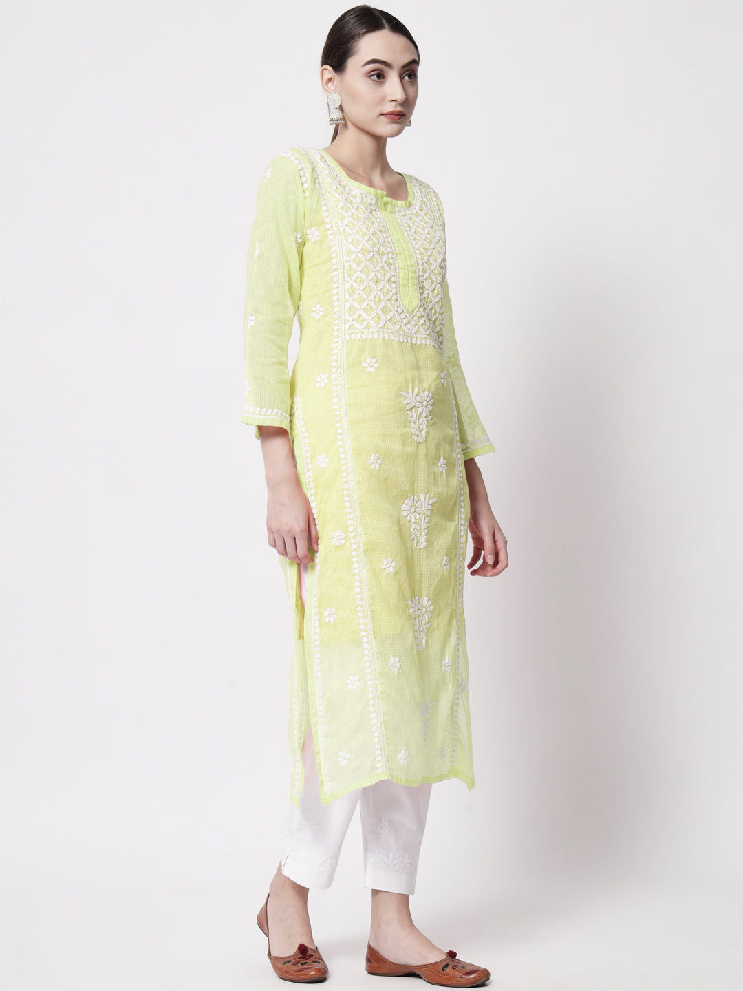 Hand Embroidered Chikankari Kota Cotton straight Kurta with matching Slip- PC3593