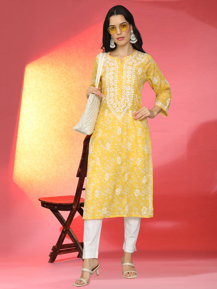 Hand Embroidered Chikankari Mulmul Cotton Straight Kurta- PC4041