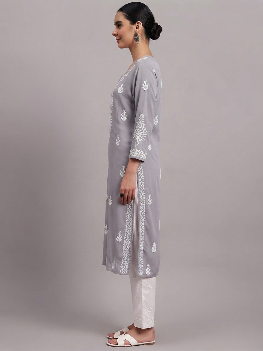 Women Hand Embroidered Chikankari Rayon Kurta PC4076 Grey