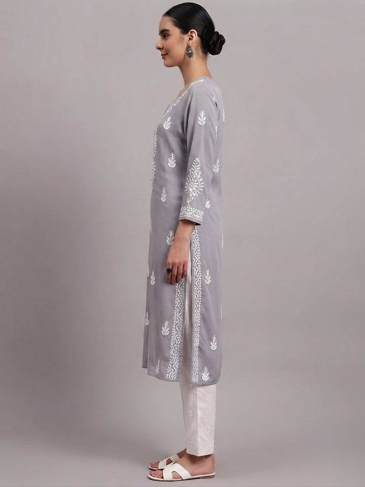 Women Hand Embroidered Chikankari Rayon Kurta PC4076 Grey