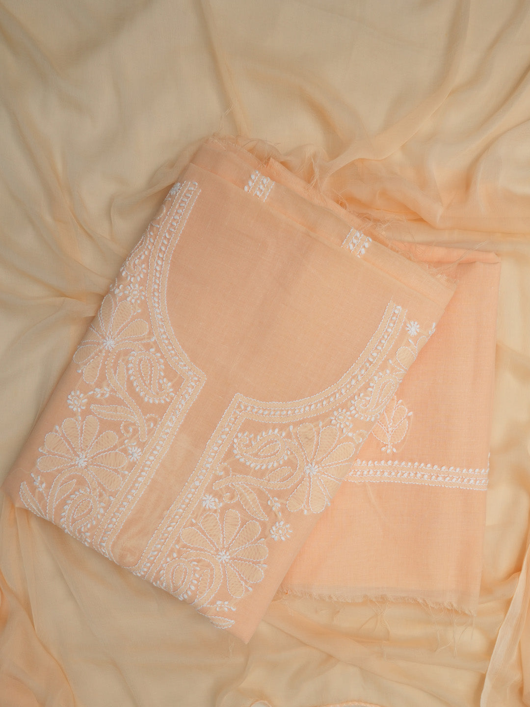 Women Hand Embroidered Cotton Chikankari Dress MaterialPCSCU00104FS-APRICOTPEACH