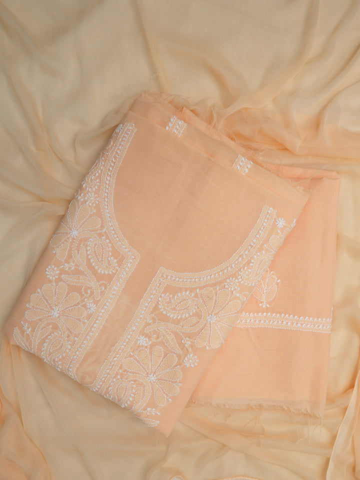Women Hand Embroidered Cotton Chikankari Dress MaterialPCSCU00104FS-APRICOTPEACH