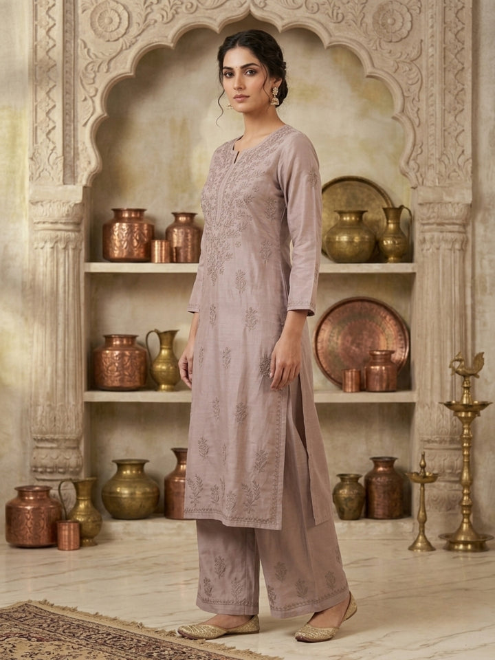 Women Hand Embroidered Chikankari Chanderi Kurta Set PC4119KS