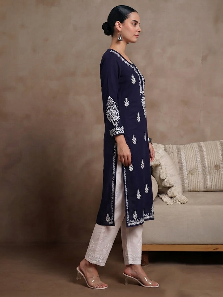 Women Hand Embroidered Chikankari Rayon Kurta PC4076 Navy