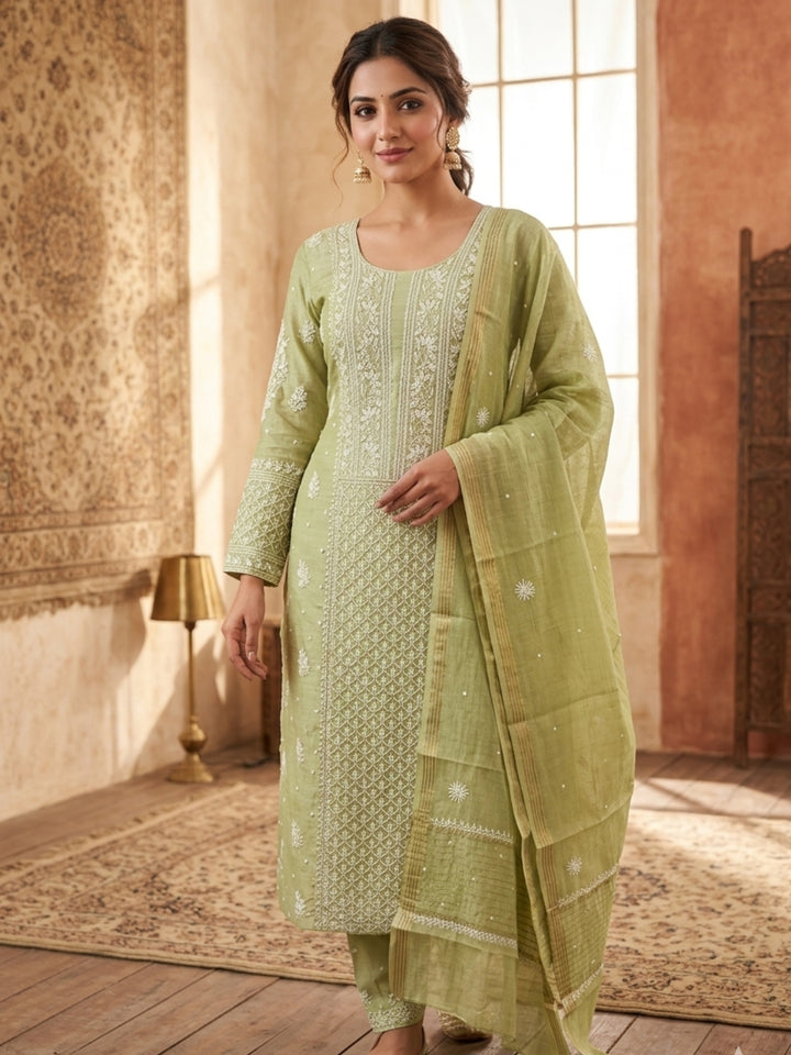 Women Hand Embroidered Chanderi Chikankari Dress Material PCSCA85203FS-PISTAGREEN