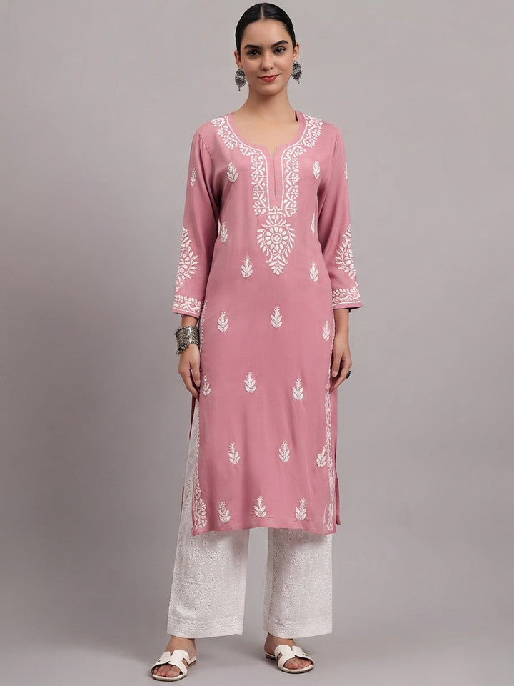 Women Hand Embroidered Chikankari Rayon Kurta PC4076 Orangered