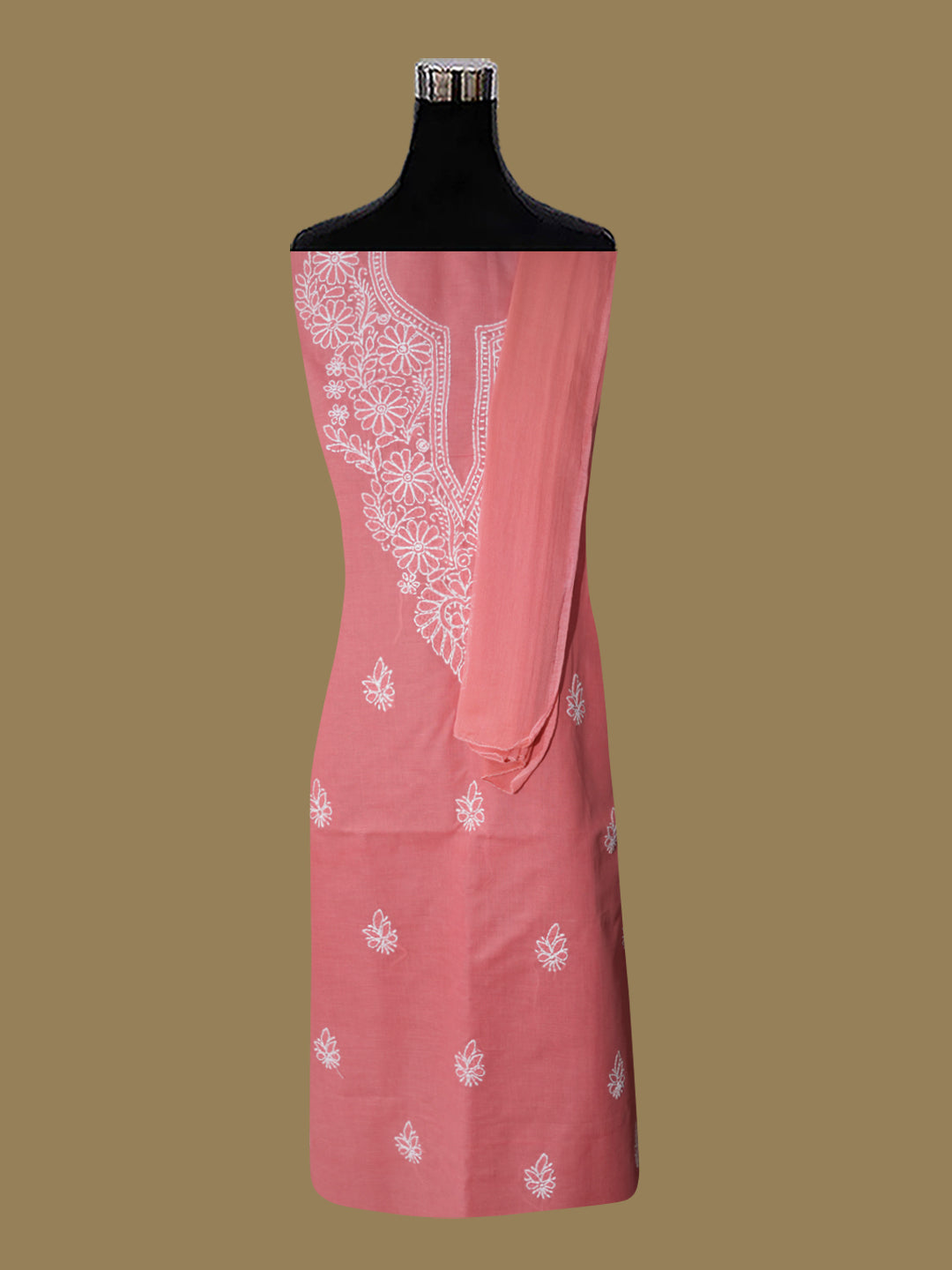 Women Hand Embroidered Cotton Chikankari Dress Material PCSCU00104FS Carrotpink