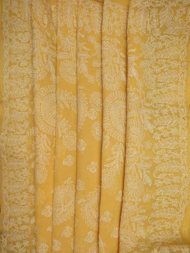 Hand Embroidered Chikankari Cotton Saree PCSAR02 Mustard