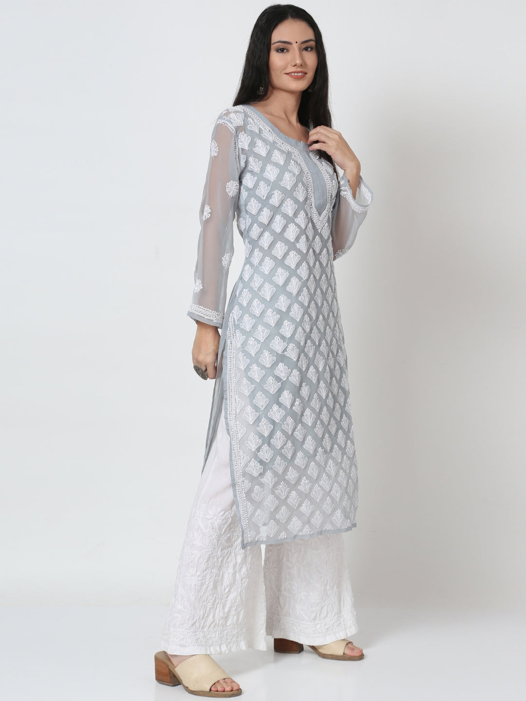 Hand Embroidered Chikankari Georgette Straight Kurta With Matching Slip- PC3484