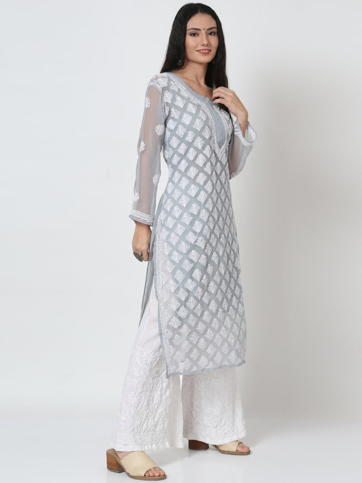 Hand Embroidered Chikankari Georgette Straight Kurta With Matching Slip- PC3484