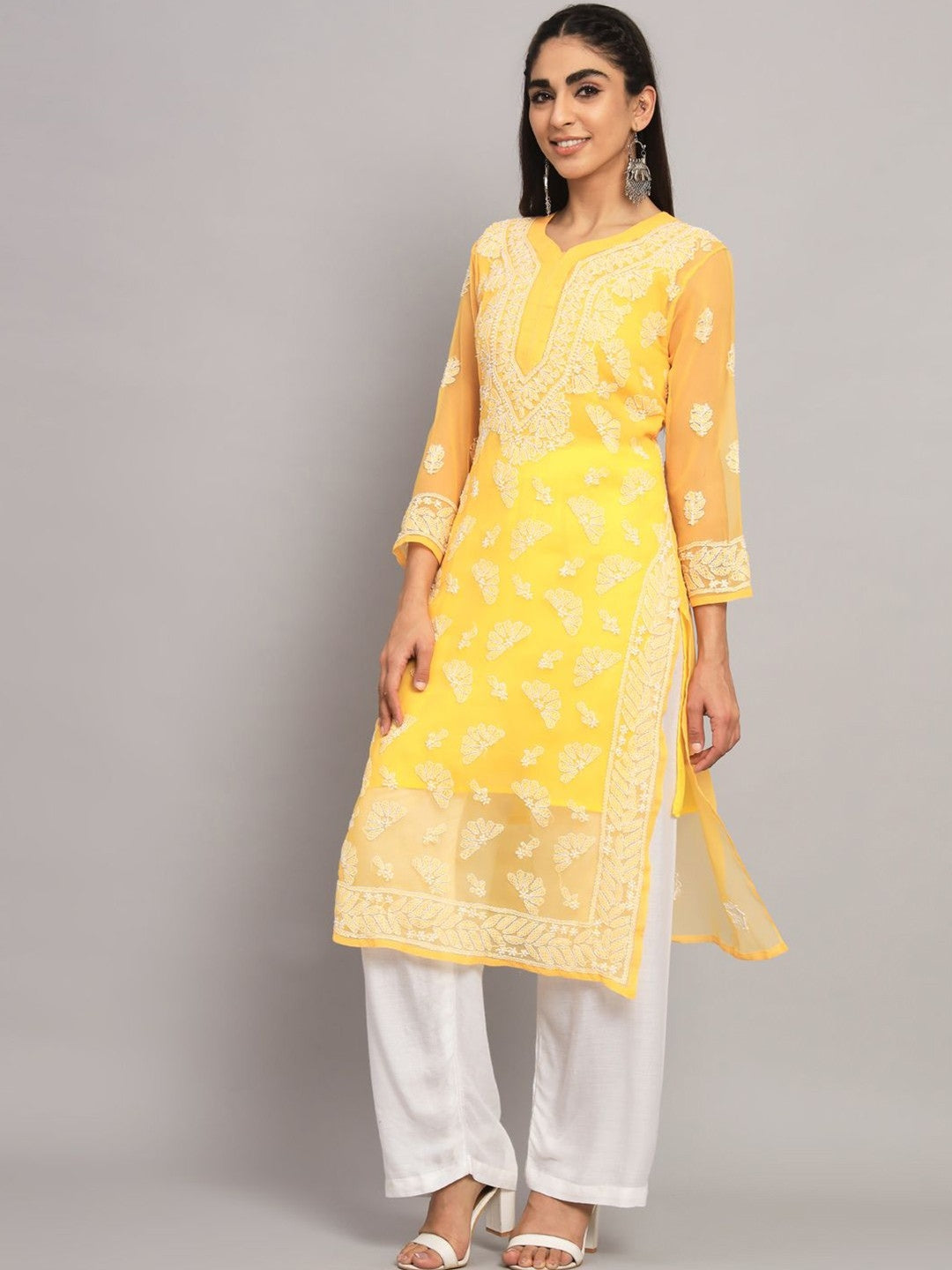 Women Hand Embroidered Chikankari Georgette Straight Kurta With Matching Slip- PC3545