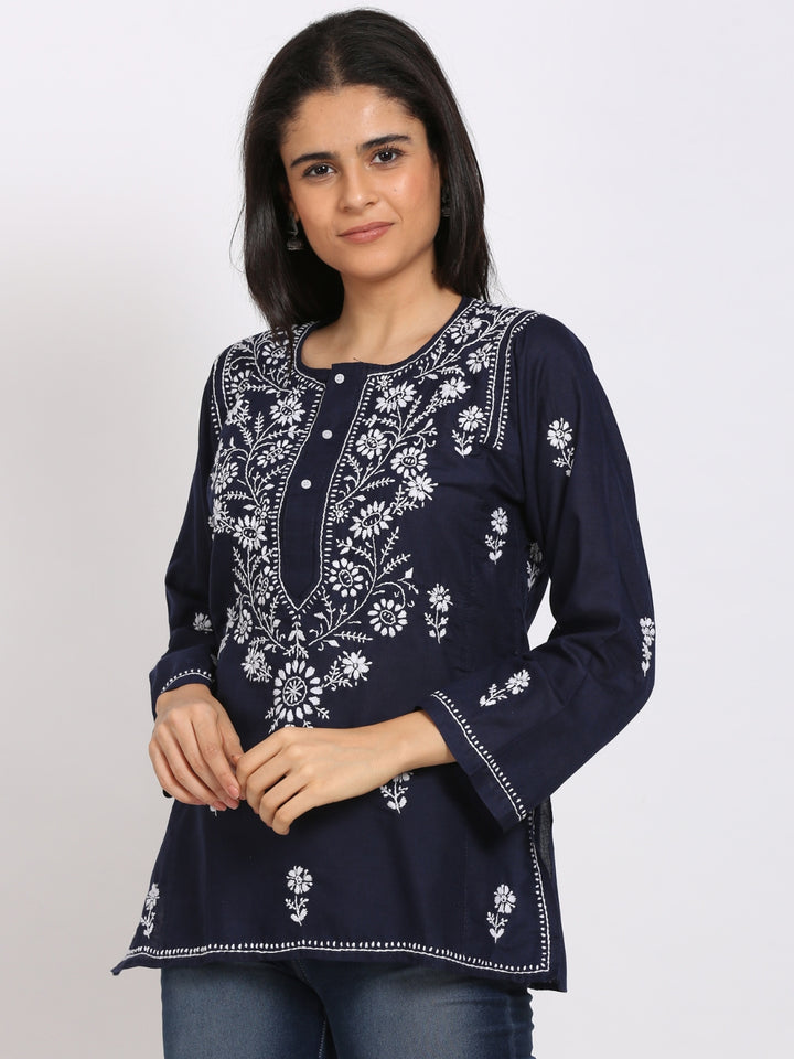 Women Hand Embroidered Chikankari Cotton Kurti-STV115