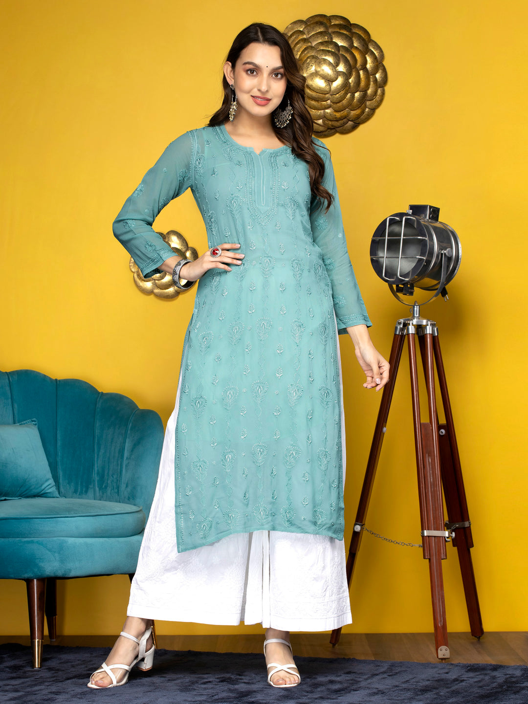 Hand Embroidered Chikankari Viscose Georgette Straight  Kurta- PC3640