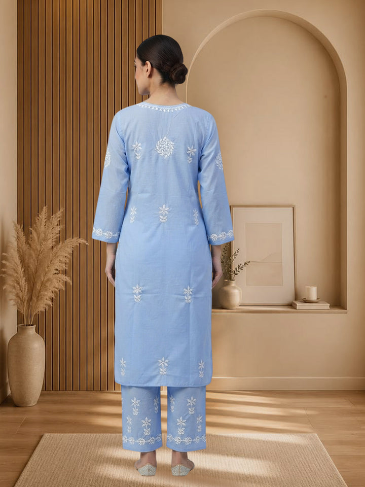 Women Hand Embroidered Chikankari Cotton Kurta Set PC4135KS Denim