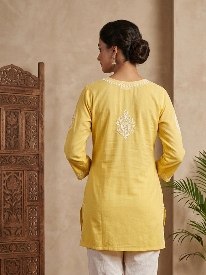 Women Hand Embroidered Chikankari Modal Kurti PC3611 Yellow