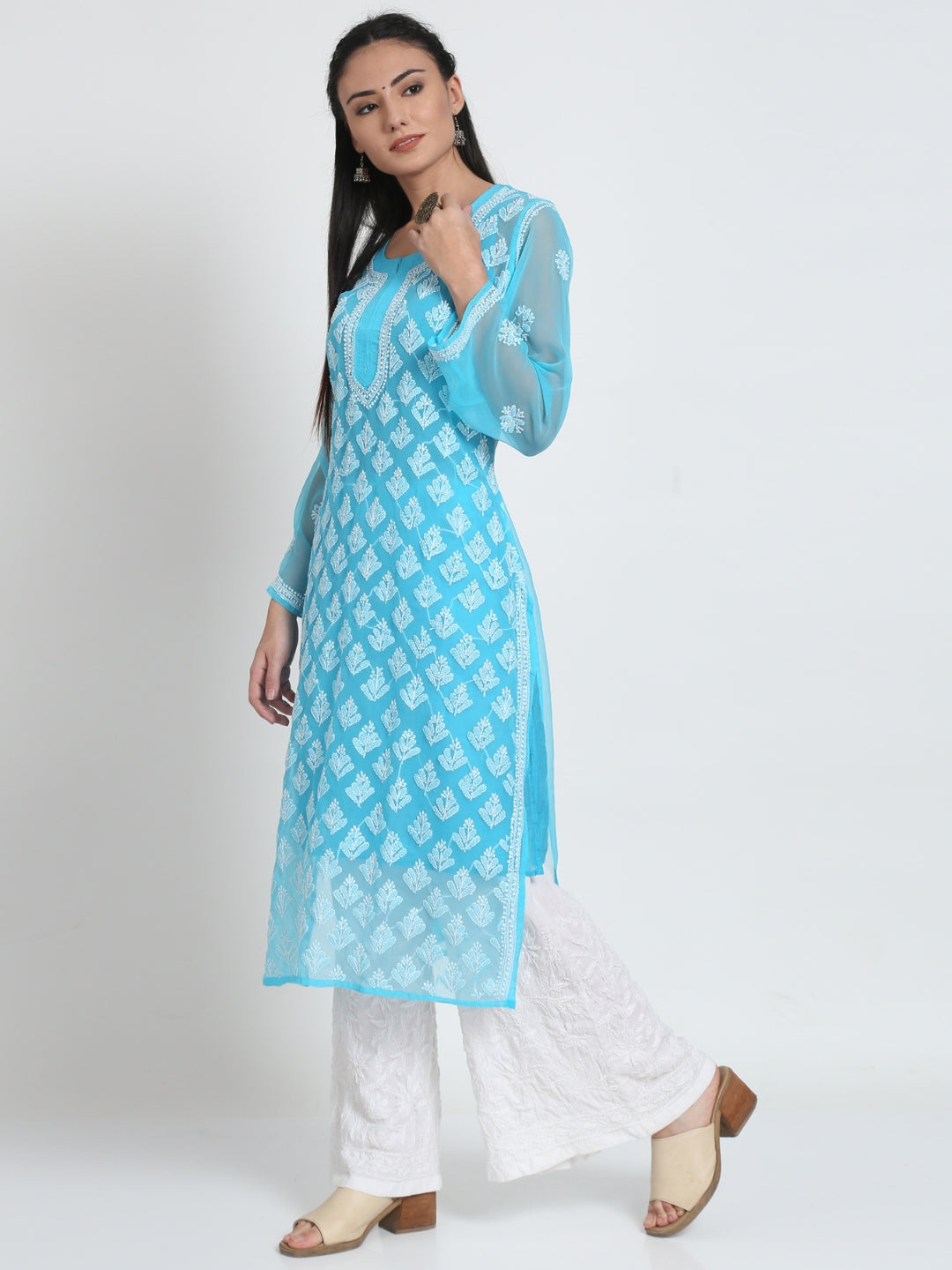 Hand Embroidered Chikankari Georgette Straight Kurta With Matching Slip- PC3484