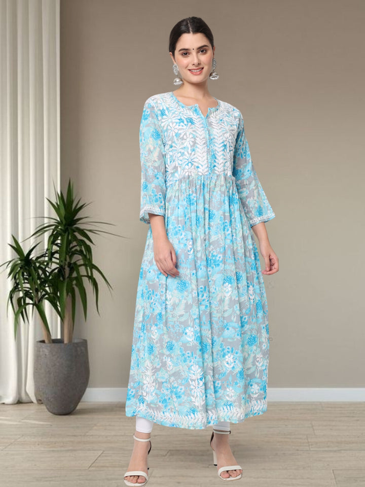 Hand Embroidered Chikankari Mulmul A-Line Kurta- PC3581