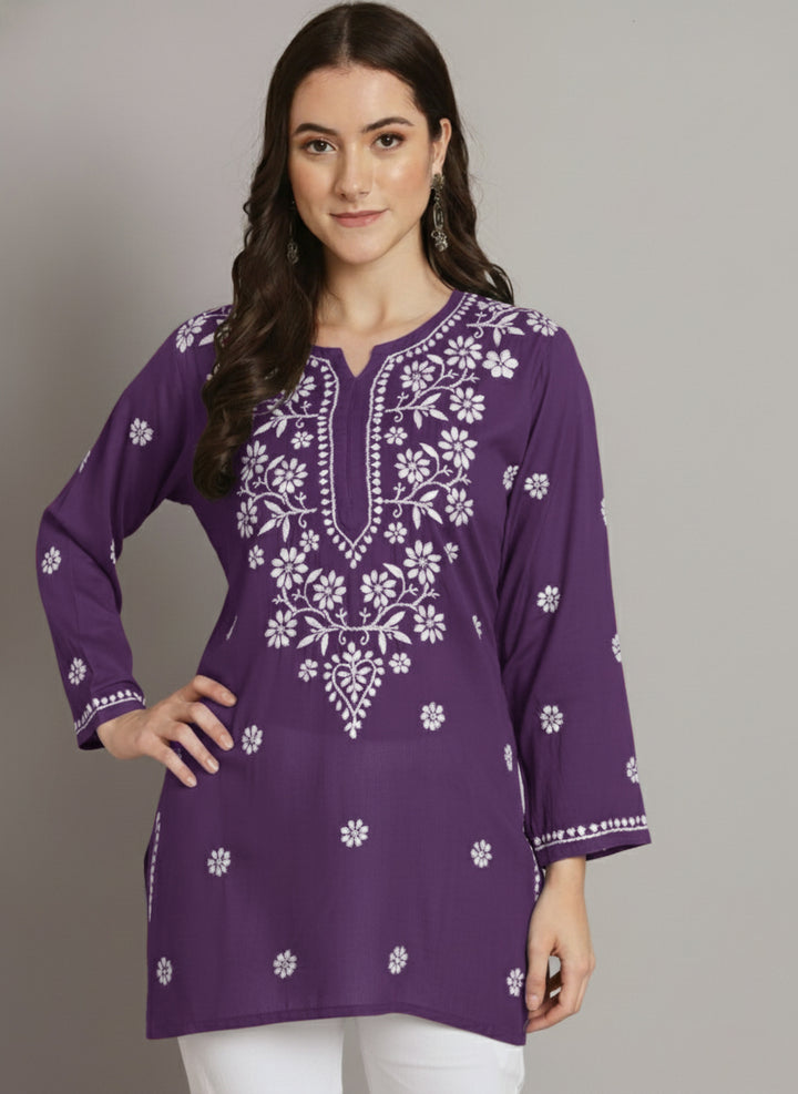Women Hand Embroidered Chikankari Modal Kurti PC3611 Darkmauve