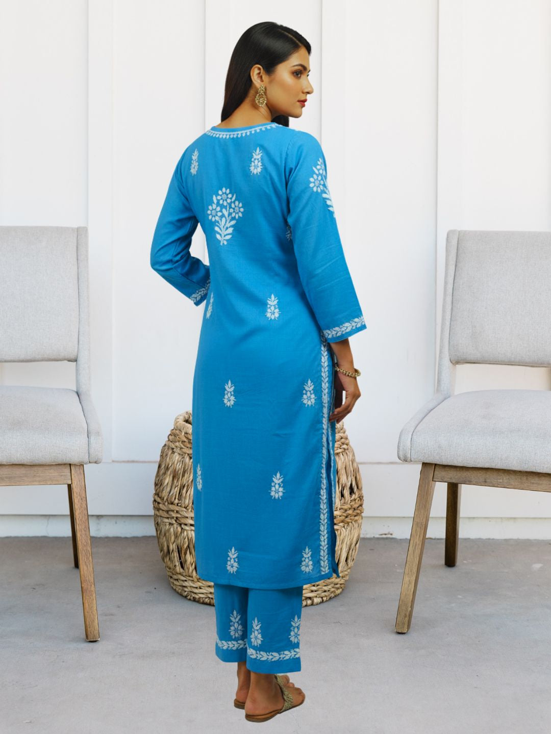 Women Hand Embroidered Chikankari Cotton kurta set PC4107KS Denim