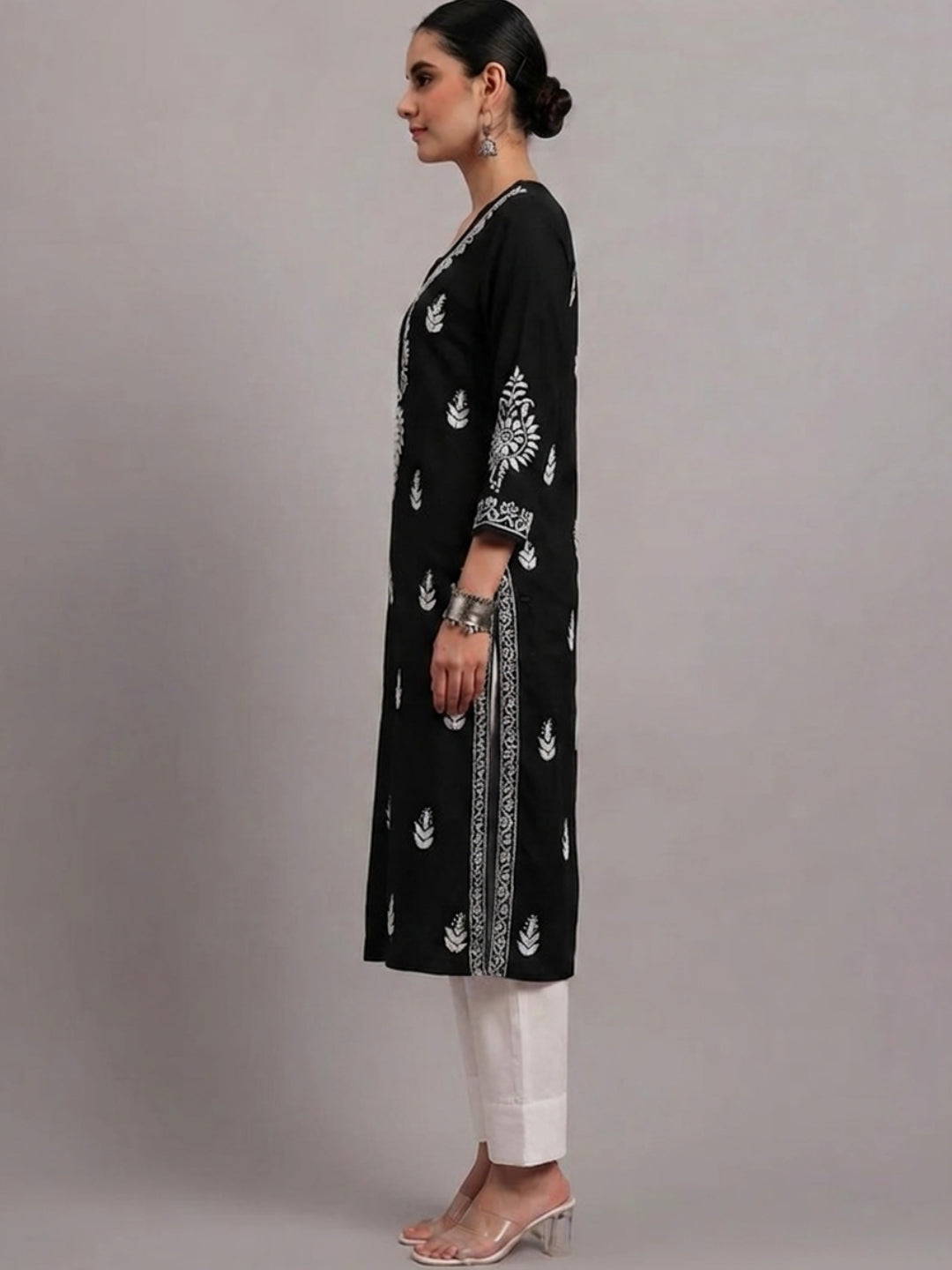 Women Hand Embroidered Chikankari Rayon Kurta PC4076 Black