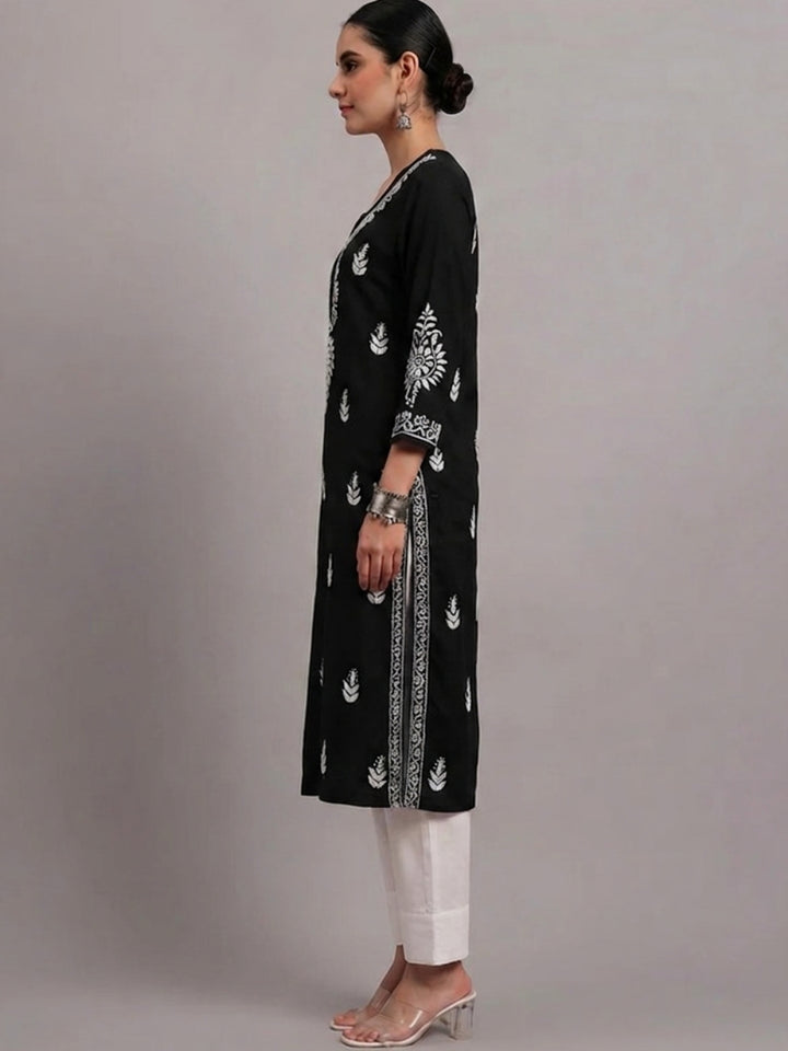 Women Hand Embroidered Chikankari Rayon Kurta PC4076 Black
